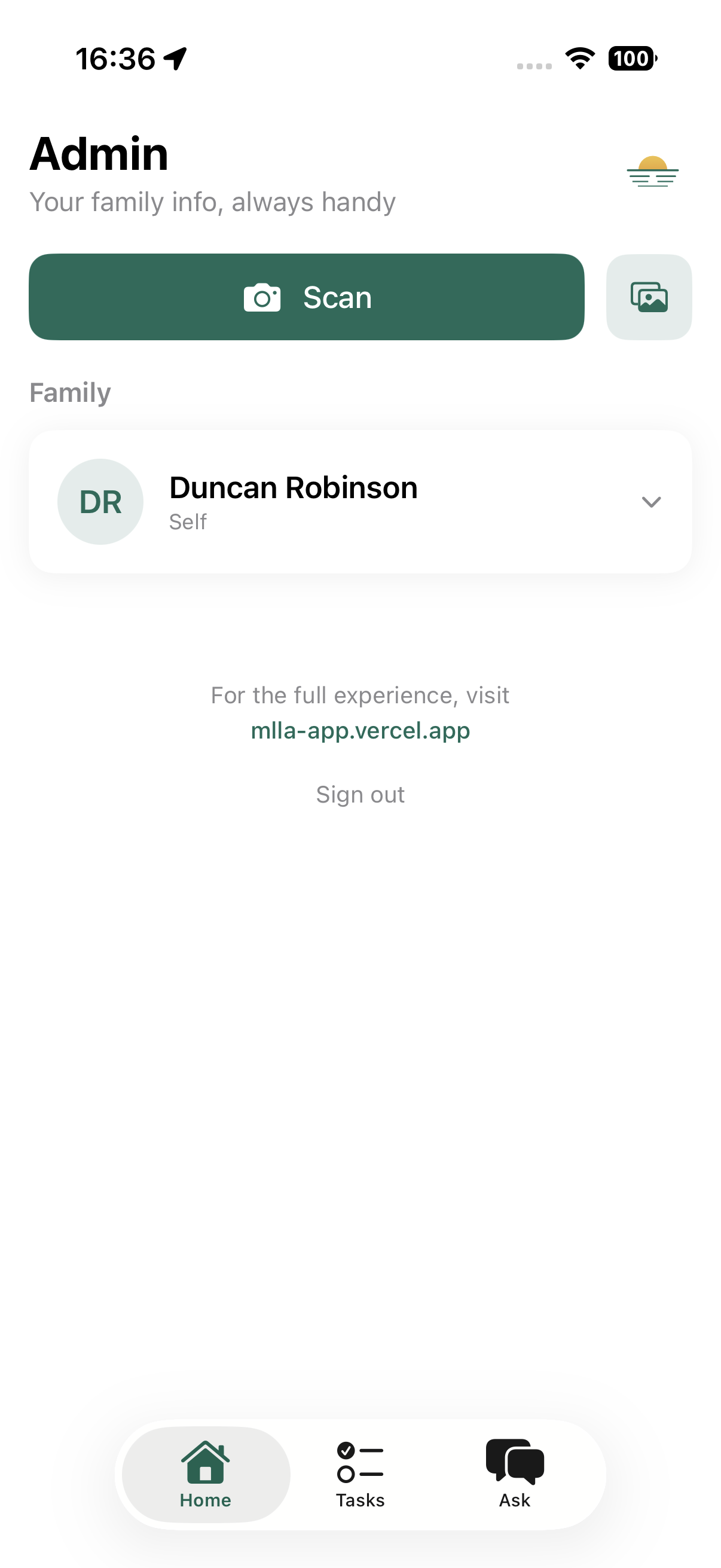 MLLA mobile app showing scan, family, and tasks